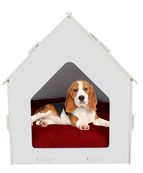 Ahşap Köpek Kulübesi Dekoratif Köpek Evi Beyaz Renk Çatılı Model